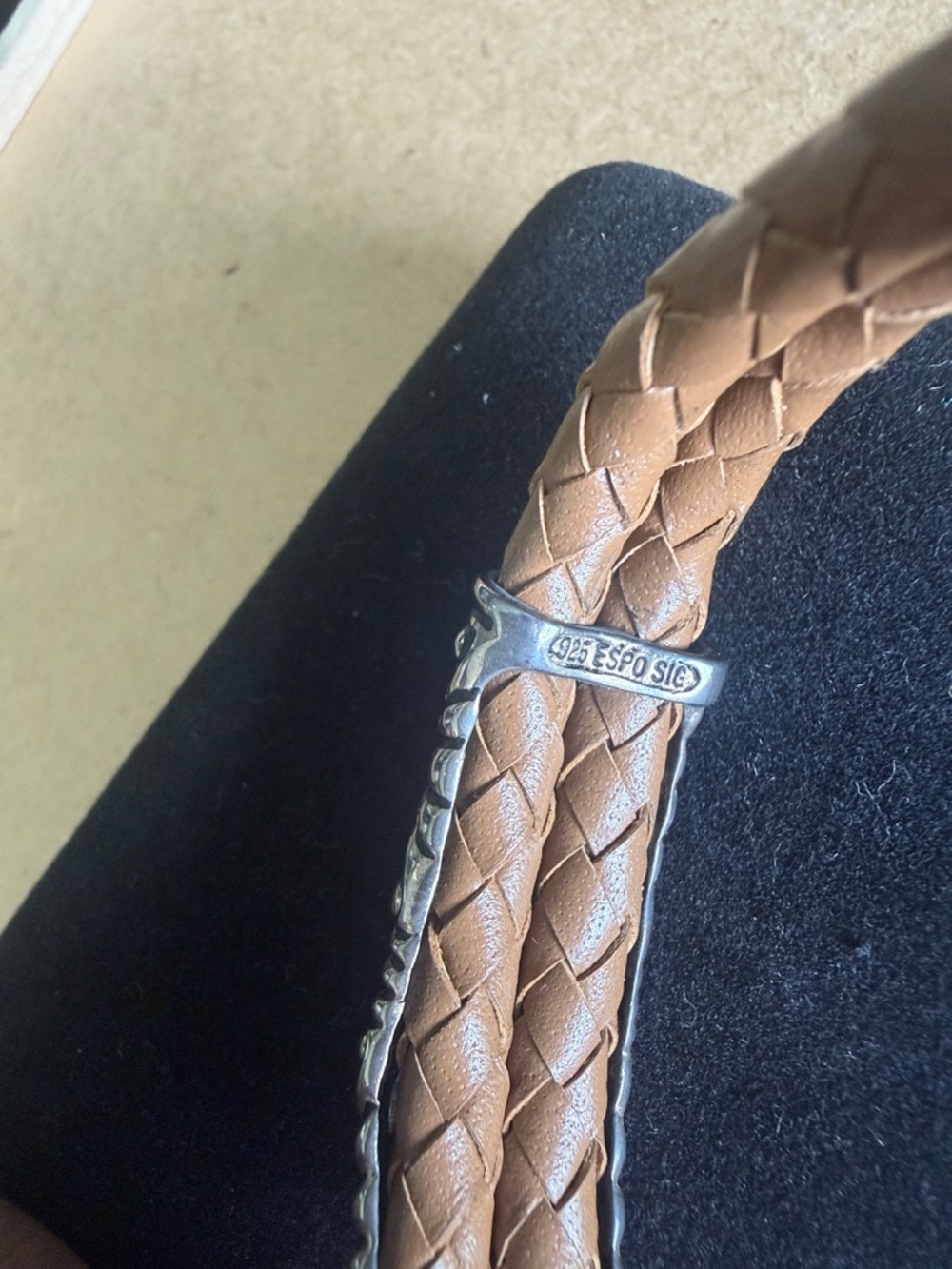 Braided Tan Leather Bracelet with Ornate Real Sterling Silver - Picture 4 of 7